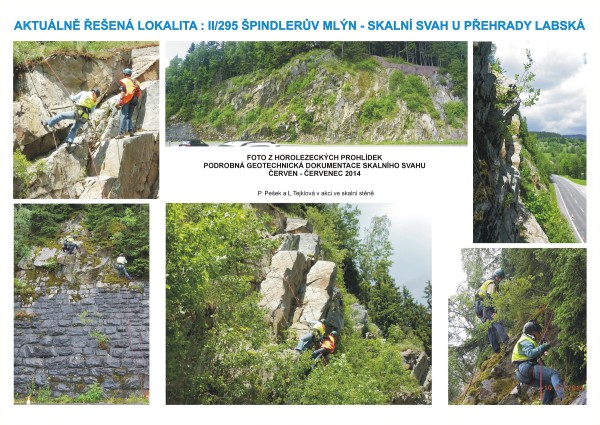 Provádění geotechnické dokumentace v terénu, zahrnuje horolezeckou prohlídku na skalní stěně - Labská u Špindlerova Mlýna