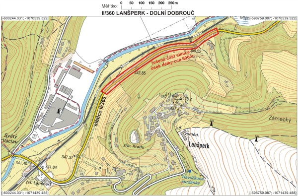 mapa - lokalita geologického průzkumu při silnici II/360 Lanšperk - Dolní Dobrouč, ing. Jiří Petera, geolog, Hradec Králové